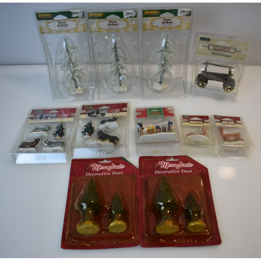 Lemax Christmas Village Decoration Lot 11pc Trees Bridge Animals Merrybrite